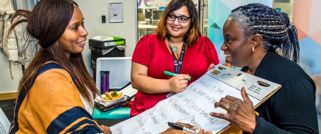 Three women working together with Sharpies and A2 pad of paper